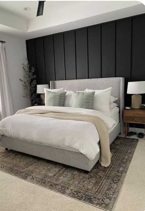 Charcoal Feature Wall Bedroom, Black Wall Grey Headboard, Diy Bedroom Wall Ideas, Light Grey Accent Wall Bedroom, Soft Bedroom Aesthetic Master, Master Feature Wall, Dark Gray Accent Wall Bedroom, Dark Feature Wall Bedroom, Focal Wall Ideas Bedroom