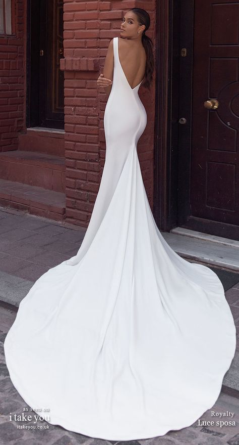 Luce Sposa 2020 Wedding Dresses — The Istanbul Campaign Collection Plain Trumpet Wedding Dress, Simple Backless Mermaid Wedding Dress, Mermaid Wedding Dress Minimalist, Backless Fishtail Wedding Dress, Long Slim Wedding Dress, Deep V Backless Wedding Dress, Boning In Wedding Dress, Slick White Wedding Dress, Sheath Wedding Dress With Train