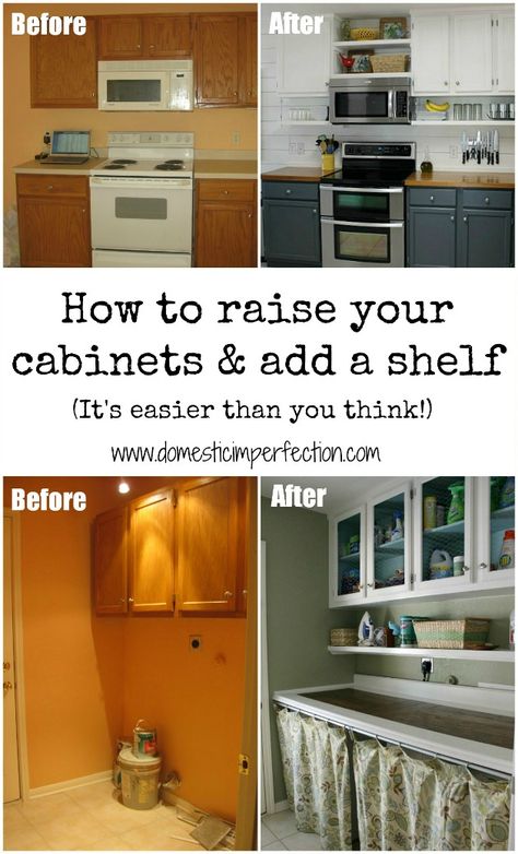 Tutorial on how to get rid of the space above your cabinets and turn it into usable shelf space. Super budget friendly! Open Bottom Kitchen Cabinets Ideas, Wasted Space Above Kitchen Cabinets, Turn Cabinets Into Open Shelving, Top Of Cabinet Storage, Raising Cabinets, Raised Kitchen Cabinets, Above Cabinet Storage, Raised Cabinets, Heart Diy