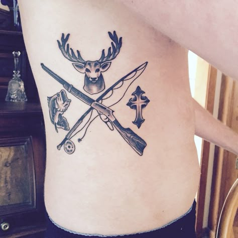 Fishing Rod Tattoo, Hunting Fishing Tattoo, Antler Tattoos, Grandpa Tattoo, Hunter Tattoo, Hunting Tattoos, Country Tattoos, Couple Tattoos Unique, Cross Tattoos