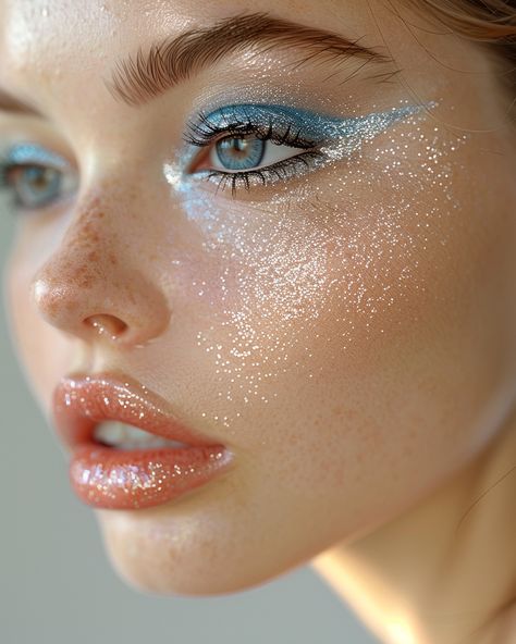 Soft Mermaid Makeup, Blue Makeup Glitter, Space Theme Makeup, Pink Mermaid Makeup, Pastel Eyeshadow Looks, Ice Princess Makeup, Blue Glitter Makeup, Space Eyes, Light Blue Makeup