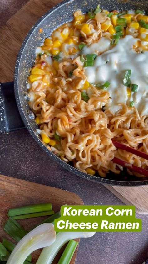 Pin on Asian Food Veg Ramen Recipe, Korean Maggi Recipe, Veg Korean Recipes, Corn Cheese Ramen, Veg Ramen, Onion Greens, Korean Corn, Maggi Recipes, Spicy Snacks Recipes