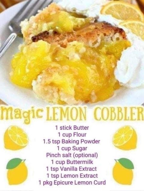 Magic Lemon Cobbler, Tree Button Art, Lemon Cobbler, Bread Pudding With Apples, Lemon Pie Filling, Baked Cake, The Cobbler, Buttermilk Cake, Lemon Dessert Recipes