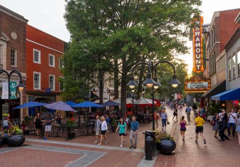 Charlottesville Historic Downtown Mall | it wasn't unusual at the outset of malls to theme them as a "historic downtown" shopping center.  This is because people were used to going downtown to shop and it's a marketing ploy to draw people away from that location. Street Scape, Downtown Shopping, Shopping District, Brick Paving, Draw People, Fine Restaurant, Virginia Usa, Historic Downtown, Location Map