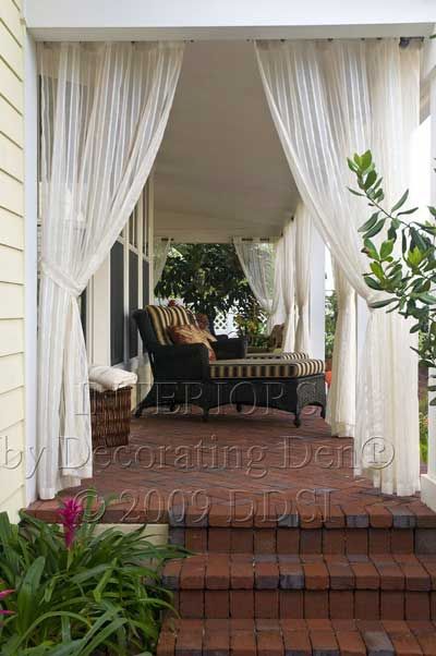 I want a porch with a swing & tress in the front yard! porch decorating ideas with curtains - Google Search Front Porch Curtains, Open Porch, Outdoor Drapes, Porch Enclosures, Porch Curtains, Enclosed Patio, Patio Curtains, Drop Cloth Curtains, Front Patio