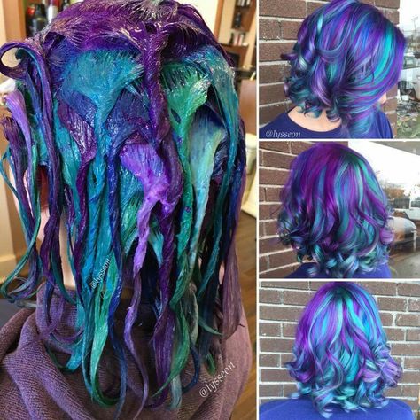 Purple teal and blue hair Teal And Purple Hair, Purple And Blue Hair, Blue Purple Hair, Dyed Hair Purple, Galaxy Hair, Rainbow Hair Color, Multi Colored Hair, Teal Hair, Hair Color Purple