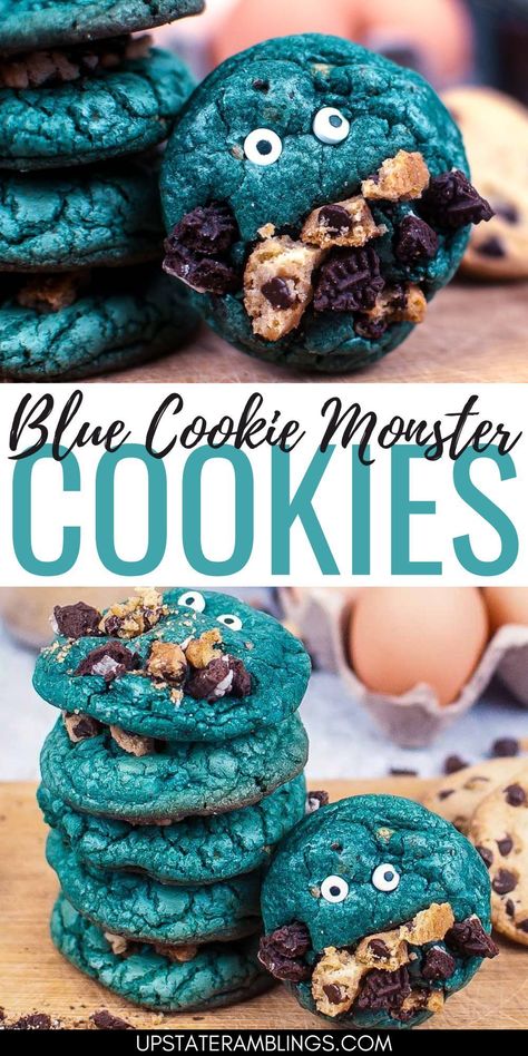 Blue Cookie Monster Cookies Holiday Easy Desserts, Unique Dessert Ideas, Easy Desserts To Make, Cookie Monster Cookies, Holiday Party Desserts, Monster Cookies Recipe, Air Fryer Desserts, Danish Pastries, Cookies Kids