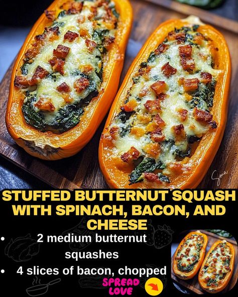 Stuffed Butternut Squash with Spinach, Bacon, and Cheese Stuffed Butternut Squash Spinach Bacon And Cheese, Butternut And Spinach Recipes, Sausage Stuffed Butternut Squash Recipes, Butternut Squash Spinach Recipes, Stuffed Butternut Squash Recipes, Stuffed Butternut Squash, Butternut Squash Bacon, Hamburger Potato Soup, Butternut Squash Spinach