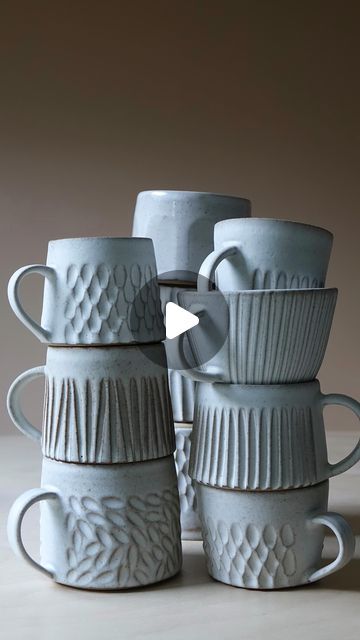 Kate Clark - Carved Modern Rustic Pottery on Instagram: "I have a heap of one-off mug designs and some seconds that are looking for new homes. To create more shelf space for my new pieces, I’m thinking about selling them from my soon to be launched new website. Here’s a small selection." Christmas Pottery Ideas, Pottery Cups Mugs, Clay Kitchen, Pottery Coffee Mugs, Ceramic Creations, Rustic Mugs, Slab Ceramics, Modern Mugs, Rustic Pottery