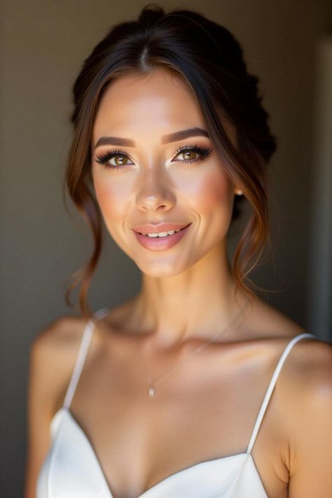 bridesmaid makeup soft glam Bridesmaid Natural Makeup Brown Eyes, Simple Clean Bridal Makeup, Dewey Natural Wedding Makeup, Bridal Make Up For Olive Skin Tone, Soft Bridal Makeup Olive Skin, Bridal Make Up Olive Skin, Makeup Bridesmaid Natural, Romantic Glam Makeup, Natural Makeup For Hazel Eyes