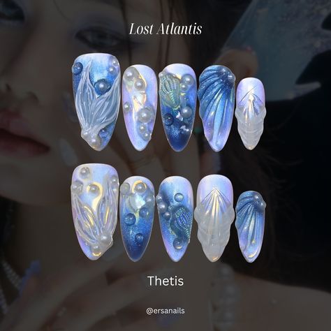 MEET US UNDER THE SEA ˖°𓇼🌊⋆🐚🫧 Introducing our Lost Atlantis collection, featuring 23 of our signature mermaid nail designs. 🧜🏼‍♀️ We’ve been planning this collection since the day we were founded, as mermaid-fairy core has always been the base of our brand and aesthetic. We’re so excited to release the Lost Atlantis collection that ties together our designs.🧚🏼‍♀️ If you’ve been following along our journey, you’ll discover some familiar designs that have been with us since day one of Ersa a... Space Nail Art Designs, Dark Siren Aesthetic Nails, Nail Mermaid Design, Mermaid Aesthetic Nails, Under The Sea Nail Designs, Siren Nails Dark, Mermaid Nails Aesthetic, Dark Mermaid Nails, Atlantis Nails