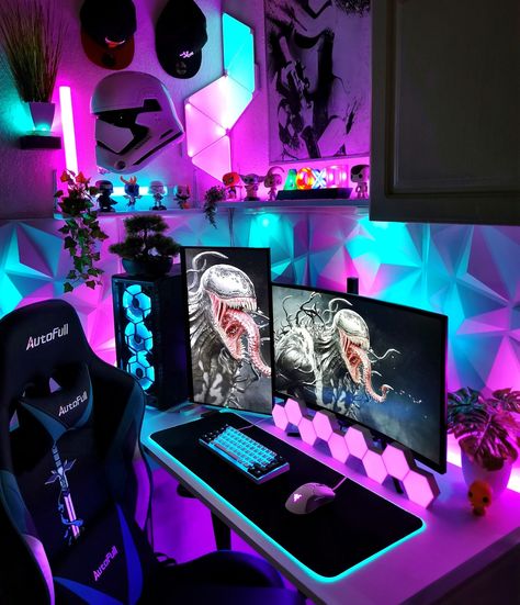 #setup #gamingsetup #desksetup #pcsetup #nanoleaf #cololight #govee #games #gaming #gamer #gamingcommunity #battlestation #inspiring #vibes #venom #marvel #comics #spiderman #gamingpc #nerd #geek #love Doflamingo Wallpaper, Game Setup, Best Gaming Setup, Computer Gaming Room, Gamer Setup, Pc Gaming Setup, Video Game Room Design, Gaming Setups, Video Game Rooms