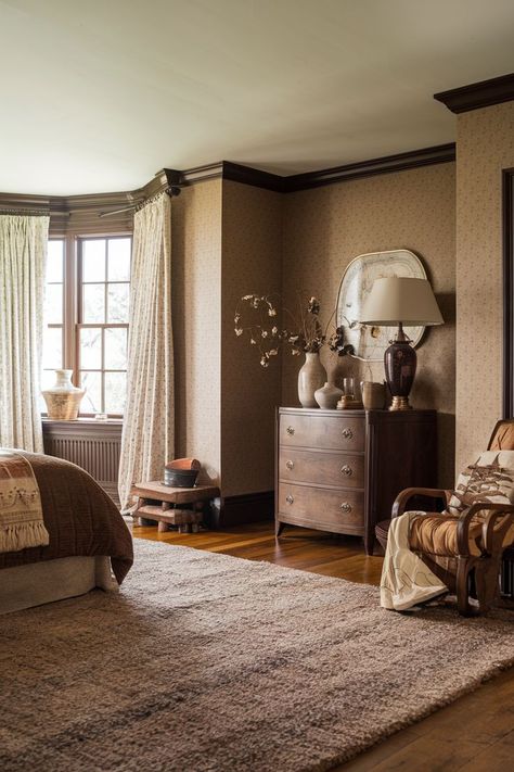 A cozy brown bedroom with plush decor, beige wallpaper, and hardwood floors, creating a warm, inviting atmosphere. Cozy Brown Bedroom, Patterned Wallpaper, Bedroom Design Inspiration, Brown Floors, Floor Wallpaper, Brown Bedroom, Vintage Lamp, Plush Rug, White Curtains