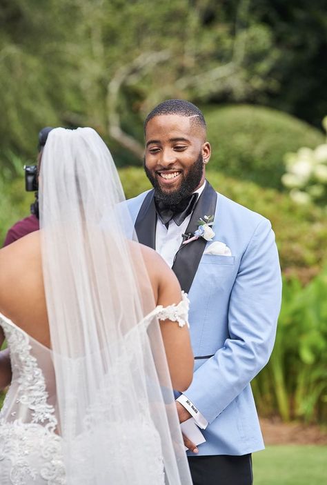 Baby Blue Tuxedo Wedding, Blue Wedding Tux Groom, Dusty Blue Tuxedo, Light Blue Tuxedo Wedding, Dusty Blue Suit Groom, White And Blue Tuxedo, Light Blue Groom Suit, Blue And White Wedding Dress, Light Blue Tuxedo