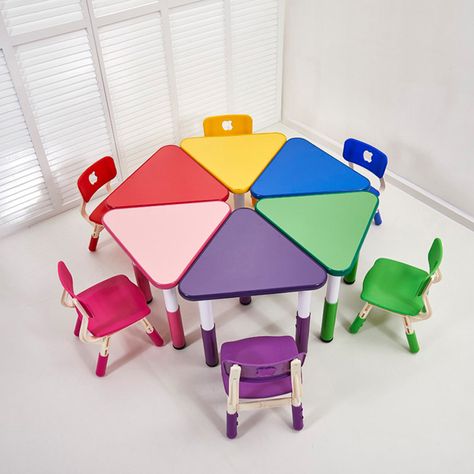 Colorful hexagonal table set of 6 wooden triangle table & 6 plastic chairs Table Chair For Kids, Table And Chairs For Kids, Preschool Desk, Nursery School Classroom, Kids School Desk, Preschool Interior, Study Table Chair, Kindergarten Tables, Preschool Tables