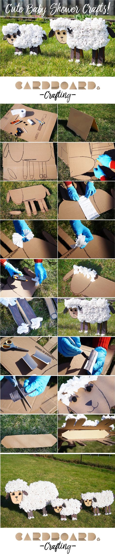 How to make cute baby shower decorations for your yard. These little sheep are cheap to make and are perfect for baby showers, birthdays, mother's day and more! Farm Vbs, Nativity Costumes, Cardboard Crafts Kids, Baby Lamb Baby Shower, Ward Christmas Party, Sheep Crafts, Vbs 2024, Christmas Program, Baby Shower Crafts