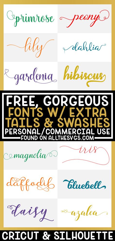 FREE FONTS WITH TAILS, ALTERNATE SWASHES, EXTRA GLYPHS. Professional graphic design, logo, Cricut, Silhouette, wedding. Best most popular top typography font family collection typeface. Brush calligraphy cursive script, vintage retro Handwritten, modern, minimalist, masculine, feminine girly, easy, cute, trendy, stylish, beautiful, elegant, clean, cool, hipster, fancy, unique, simple sans serif Download ttf files Word iPhone Alphabet letters free for commercial use license #allthesvgs #freefonts Best Free Fonts For Cricut, Free Fonts With Tails, Free Font With Tails, Fonts With Tails, Free Cursive Fonts, Fall Fonts, Free Fonts For Cricut, Calligraphy Modern, Cursive Calligraphy