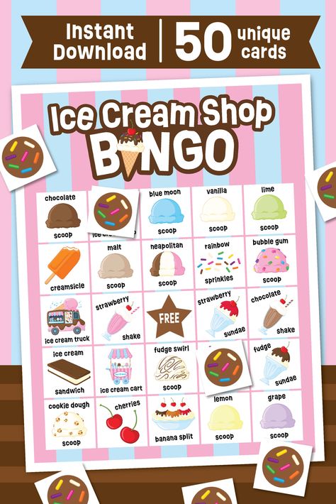 Ice Cream Theme Birthday Party Games, School Ice Cream Social, Ice Cream Party Games Activities, Ice Cream Bingo Printable Free, Ice Cream Social Games, I’ve Cream Social Ideas, Spa Games, Ice Cream Games, Diva Party