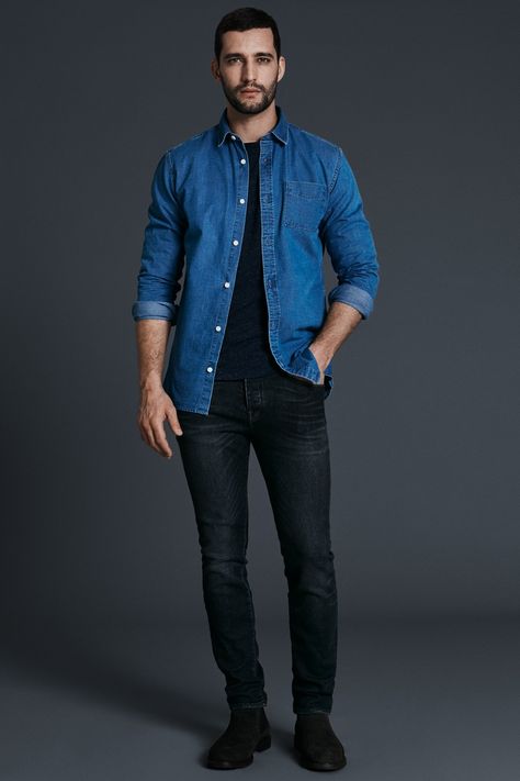 Double Denim: How To Pull Off Fashion's Most Controversial Look Black And Denim Outfits Men, Black Denim Mens Outfit, Blue Denim Shirt Outfit, Mens Denim Shirt Outfit, Black Denim Jeans Outfit, Fall Outfits For Men, Double Denim Outfit, Black Denim Shirt, Denim Shirt Outfit