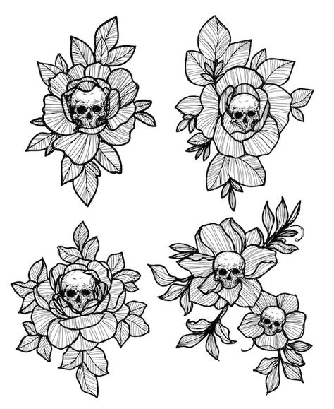 Tattoo art skull and flower hand drawing... | Premium Vector #Freepik #vector #skull-flower #skull-background #skull #skull-pattern Skull In Flowers Tattoo, Gothic Flower Tattoo, Skull And Flower Tattoo, Skull Flower Tattoo, Buffy Tattoo, Goth Tattoos, Skull Tattoo Flowers, Vector Tattoo, Flower Reference