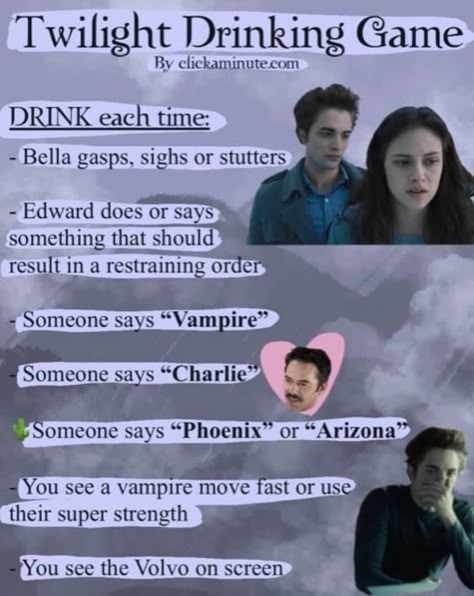 Twilight Movie Drinking Game, New Moon Drinking Game Twilight, Twilight Game Ideas, Drinking Games To Movies, Jersey Shore Drinking Game, Drinking Games For Movies, Twilight Movie Marathon Ideas, Twilight Movie Party, Twilight Drinking Game