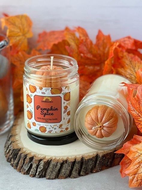 e958152b-a4fc-4c4f-94e9-43cb7a82efed Pumpkin spice soy candles on rustic wood slab with autumn leaves background. Cozy fall decor. | Sky Rye Design Nostalgic Fall, Silky Buttercream, 3d Pumpkin, Homemade Scented Candles, Pumpkin Spice Candle, Fall Candle Scents, Autumn Candle, Creative Candles, Fall Fragrance