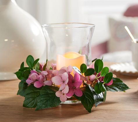 Candle Arrangements Living Room, Hydrangea Centerpiece, Candle Arrangements, Valerie Parr Hill, Curved Glass, Hydrangea Flower, Vow Renewal, Hydrangea, Green Leaves