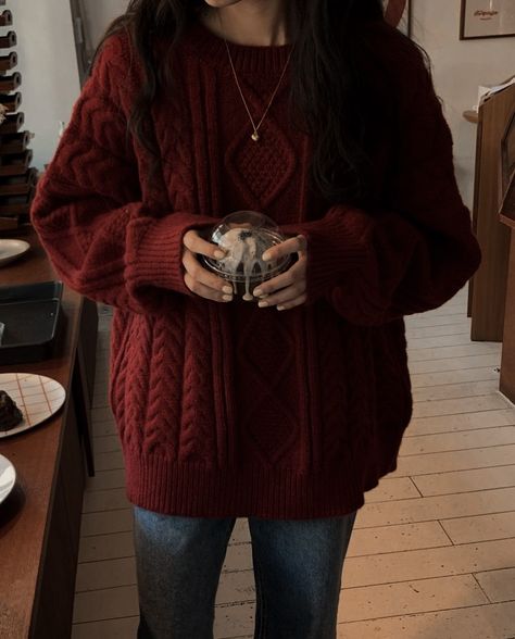 Big Red Sweater Outfit, Fall Red Aesthetic Outfit, Deep Red Sweater, Cherry Red Sweater Outfit, Cherry Red Sweater, Winter Theatre Outfit, Burgundy Jumper Outfit, Deep Red Outfits, Dark Red Sweater Outfit