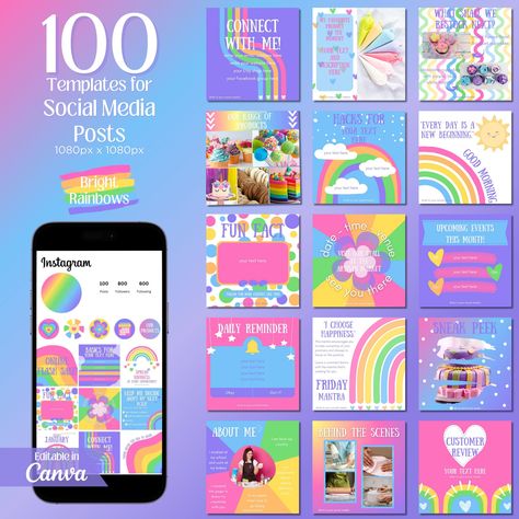 Rainbow Social Media Templates - Bright Instagram Rainbow Templates - Colorful Instagram Posts - Business Instagram - Social Media Content - Editable Canva Templates 🌈 Introducing our stunning collection of 100 unique social media templates in a bright rainbow theme! 🌈 Perfect for anyone looking to add a splash of color to their online presence, these templates are designed to make your social media posts stand out from the crowd. Our templates are fully customizable, allowing you to add your Rainbow Feed Instagram, Instagram Rainbow Feed, Bright Instagram Feed, Pastel Instagram Template, Pastel Social Media Design, Colorful Instagram, Social Media Content Planner, Business Instagram, Content Planner