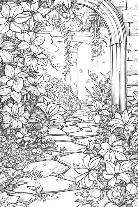 Nature Colouring Pages, Cottagecore Coloring Pages, Forest Coloring Pages, Nature Coloring Pages, Coloring Pages Nature, Garden Coloring Pages, Gardens Coloring Book, Garden Coloring, Coloring Pages Inspirational