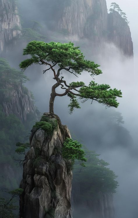 Tranquility Aesthetic, Cliff Painting, Japan Tree, Serene Scenery, Asian Landscape, Nature Projects, Lone Pine, Beautiful Landscape Photography, Bee Garden