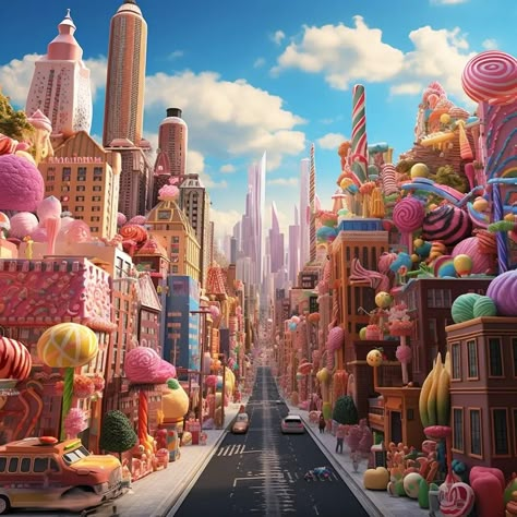 Candy, city , ranbow , colors Candy City Drawing, Candyland Aesthetic, Candy City, Candy Village, Diwali Painting, Candy World, Living Room Murals, Candy Factory, Loud House Characters