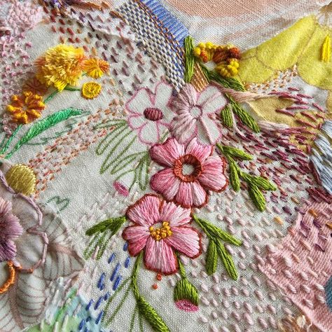 Fleur Woods Art, Textiles Artwork Flowers, Flower Embroidery Color Palette, Fleur Woods Embroidery, Multicolor Floral Embroidered Art Silk Fabric, Flower Samples Textiles, Transitional Multicolor Floral Embroidery Sets, Needlework Embroidery, Slow Stitching