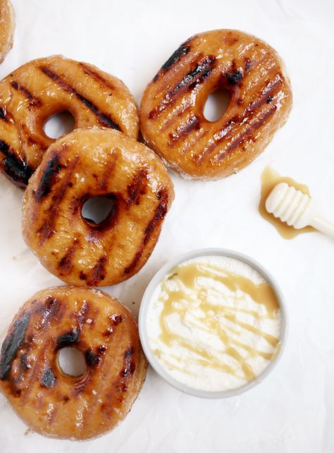 Grilled Donuts with Dip - The Merrythought Honey Dip, Donut Toppings, Peanut Butter Toast, Cream Dip, Donut Dessert, Recipes With Whipping Cream, Honey Sauce, Just Eat It, Party Food And Drinks