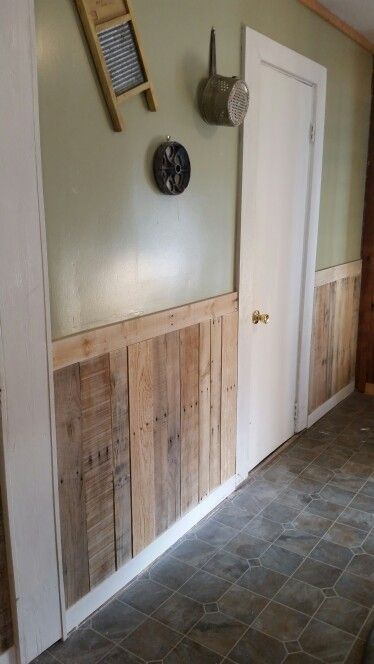 Pallets make great accents in the kitchen. Pallet Wood Panelling Walls, Pallet Wood Bathroom Wall, Diy Wood Walls Ideas, Pallet Paneling Wall, Rustic Home Remodel Ideas Easy Diy, Pallet Wall Kitchen, Pallet Half Wall, Pallet Wall Bedroom Ideas, Wood Plank Half Wall