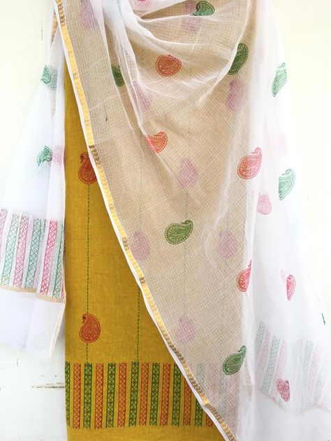 Red and Green hand block print on mustard fabric with kantha and stone work on kurti material and hand block print on kota cotton dupatta #nayaabkala#handblockprint#mustard#green#red#kurti#stones#kanthawork#kotacotton. CAN BE CUSTOMISED Block Print Dupatta Designs, Work On Kurti, Block Print Dupatta, Red Kurti, Dupatta Designs, Mustard Fabric, Mustard Green, Cotton Dupatta, Green Hand