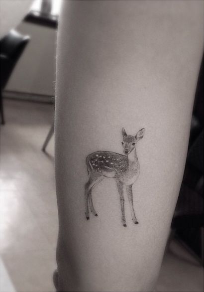 Dr. Woo, LA tattoo artist. Dr Woo Tattoo, Fawn Tattoo, Doe Tattoo, Quote Tattoos Placement, Dr Woo, La Tattoo, Deer Tattoo, Muster Tattoos, Tattoo Feminina