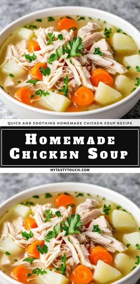 As the weather gets cooler, there's nothing quite like a warm bowl of homemade chicken soup. This recipe is quick, soothing, and filled with tender chicken, fresh vegetables, and hearty flavors. Perfect for cozy nights or when you're feeling under the weather, it's a timeless classic that warms the heart and soul. Join me in my kitchen and discover how easy it is to make this comforting soup! How To Cook Chicken For Soup, Chicken Soup Whole Chicken, Classic Chicken Soup, Home Made Chicken Soup Recipes, Homemade Chicken Soup From Scratch, Best Chicken Soup Recipes Homemade, Homemade Chicken Soup Recipes, Chicken Soup Ideas, Home Made Chicken Soup