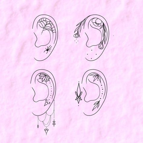 Pretty Ear Tattoos For Women, Halloween Ear Tattoo, Spooky Ear Tattoo, Ear Tattoo Inner Mandala, Henna Ear Tattoo, Outer Ear Tattoo, Cute Ear Tattoos For Women, Ear Tattoos Women Inner, Ear Tattoo Stencil