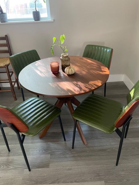 Amazon.com - Okeysen Dining Chairs Set of 4,Leather Mid Century Modern Dining Chairs with Bentwood Backrest and Upholster Seat,Armless Kitchen Chairs with Metal Legs Adjustable Foot for Dining Room(Green) - Chairs Green Chairs Kitchen, Colour Dining Chairs, Dining Table Green, Dinning Table Chairs, Dining Room Green, Mid Century Modern Dining Chairs, Green Chairs, Mid Century Dining Table, Green Dining Room