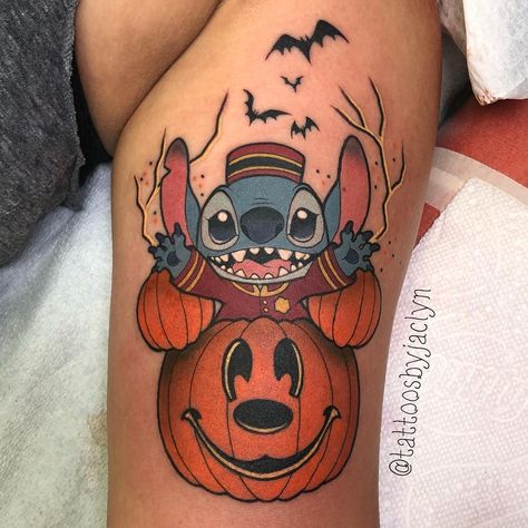 🦄Jackie Huertas 🌈 on Instagram: “Tower of terror stitch done on the lovely Concetta!! Thanks babe can’t wait for the next one!! #tattoo #tattoos #disney #disneytatts…” Halloween Tattoos For Women, October Design, Tattoos Disney, Mickey Tattoo, Stitch Costume, One Tattoo, Pumpkin Tattoo, Autumn Tattoo, Stitch Tattoo