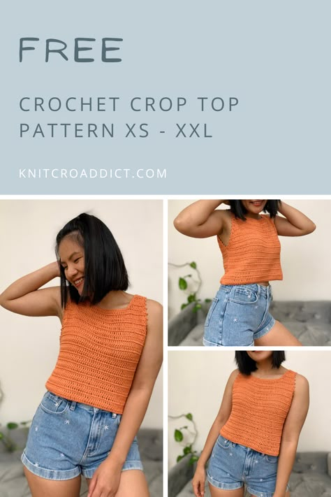 Easy crochet cropped top pattern includes US women's sizes XS-XXL. Simple two panel construction. Crochet Summer Crop Tops Free Patterns, Crochet Crop Tank Top Free Pattern, Crochet Tank Top Beginner, Simple Crochet Top Free Pattern, Triple Crochet Top, Scoop Neck Crochet Top Pattern, Crochet A Summer Top, Free Crochet Crop Top Patterns For Women, Simple Crochet Tank Top Pattern