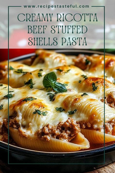 Delight in these Creamy Ricotta Beef Stuffed Shells Pasta, a hearty and comforting dish filled with a rich mixture of ricotta, beef, and spices, all topped with marinara sauce and melted mozzarella. Perfect for family dinners or gatherings! Beef Stuffed Shells With Ricotta, Meat Stuffed Shells Beef No Ricotta, The Best Stuffed Shells Recipe, Stuffed Shells With Italian Sausage And Ricotta, Meatball Stuffed Shell Pasta Tasty, Beef Stuffed Shells With Ricotta Filling, Shells Pasta Recipes Chicken, Reverse Stuffed Shells, Stuffed Shells With Pesto Sauce