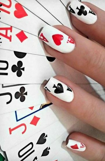 Eightball Nails, Card Deck Nails, Card Suit Nails, Ace Of Hearts Nails, Poker Nails Design, Playing Card Nails, Poker Nails, 8ball Nails, Harley Quinn Nails