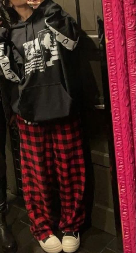 Red Plaid Pajama Pants Outfit, Red Pjs Outfits, Red Pajama Pants Outfit, Red Pj Pants Outfit, Flannel Pajama Pants Outfit, Plaid Pjs Outfit, Tomboy Pajamas, Baggy Pjs, Pajama Pants Outfit