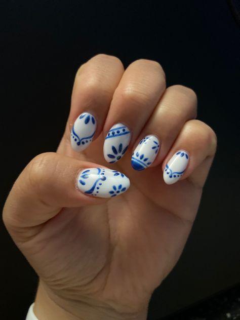 Blue Flower Gel Nails, Grecian Nail Art, Blue Tile Nail Art, White And Blue China Nails, Tile Nail Design, Blue And White Tile Nails, Greece Blue Nails, Blue Willow Nails, Turkish Blue Nails