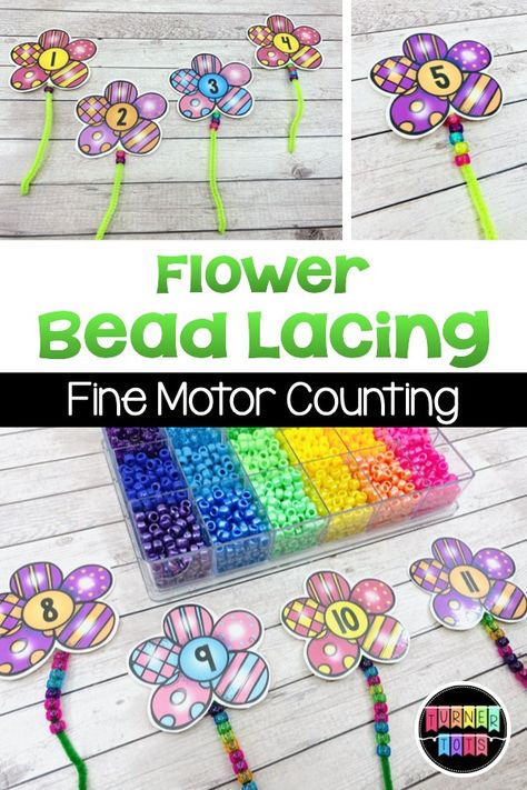 Lace pony beads on these numbered flowers for a fine motor counting activity with a garden theme! #activities for preschool #activity #activity for toddlers #preschool Plants Prek Activities, Pre K Plants Activities, Pre K Garden Activities, Pre K Spring Activities, Plants Theme Preschool, Garden Activities For Preschool, Seed Activities, Flower Math, Tk Ideas