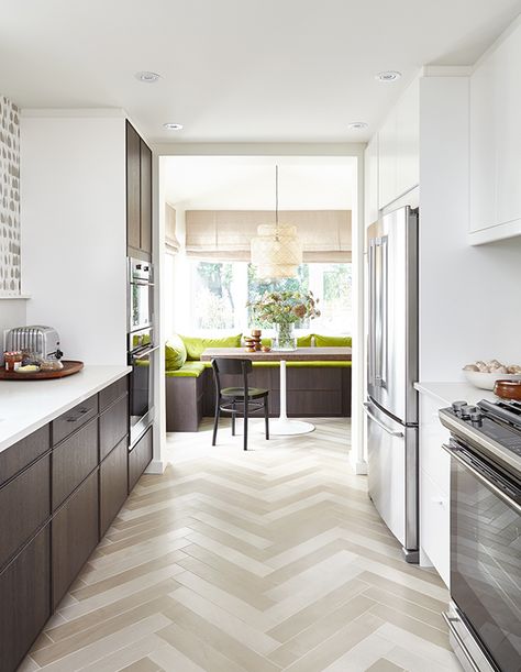 House & Home Floor Tiles In Kitchen, Herringbone Tile Kitchen Floor, Kitchen Herringbone Floor, Herringbone Floor Tiles, Herringbone Tile Floor, Tiles In Kitchen, Tile Floor Kitchen, Kitchen Herringbone, Galley Kitchen Renovation