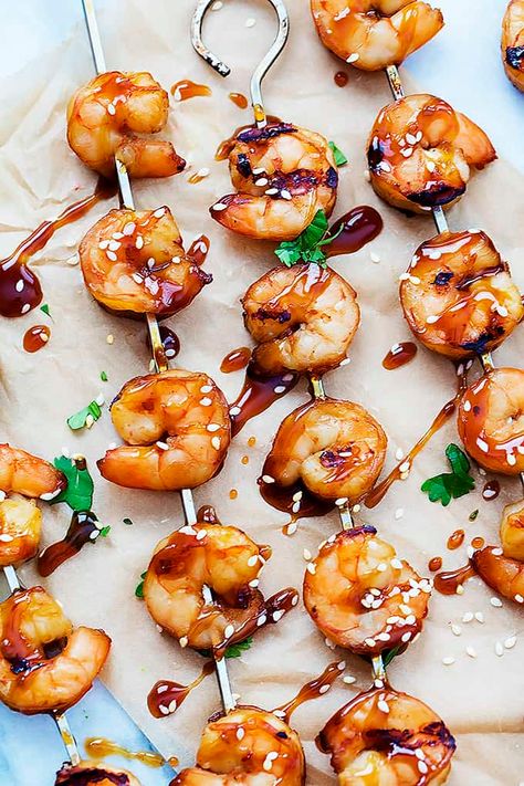 Teriyaki Shrimp Skewers | Creme De La Crumb Shrimp Ideas, Cheese Tortellini Recipes, Teriyaki Shrimp, Seafood Shrimp, Shrimp Skewers, Best Party Food, Weber Grill, Grilled Seafood, Low Cal Recipes