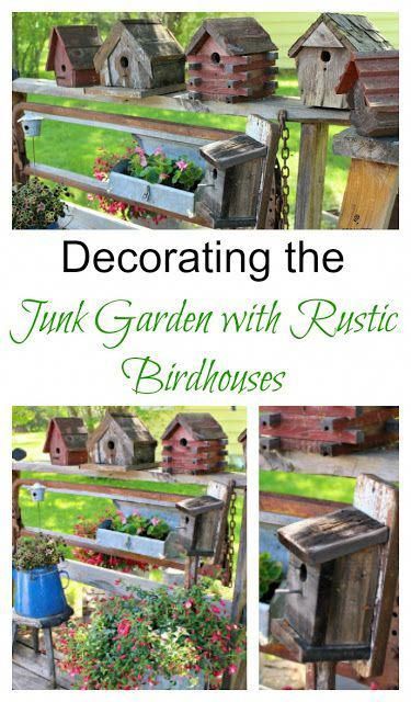 Rustic Birdhouses And Junk Garden Decorating #birdhousekits Rustic Birdhouses, Junk Garden, Birdhouses Rustic, Garden Birdhouses, Unique Bird Houses, Bird House Kits, Bird Aviary, Garden Junk, Birdhouse Designs